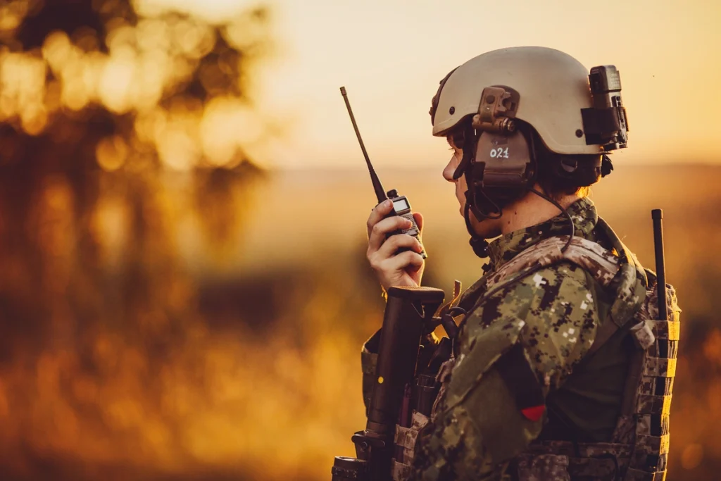 Soldier equipped with ballistic protection contacts via radio