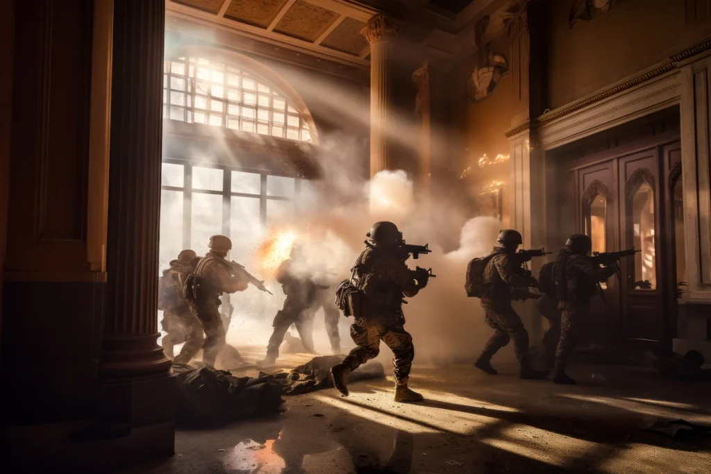 Special forces with military equipment intervene in the building using smoke grenades