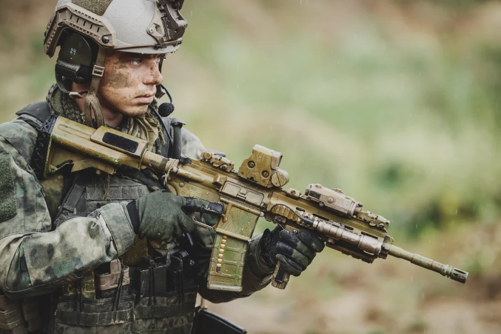 A soldier on the battlefield wearing a combat shirt