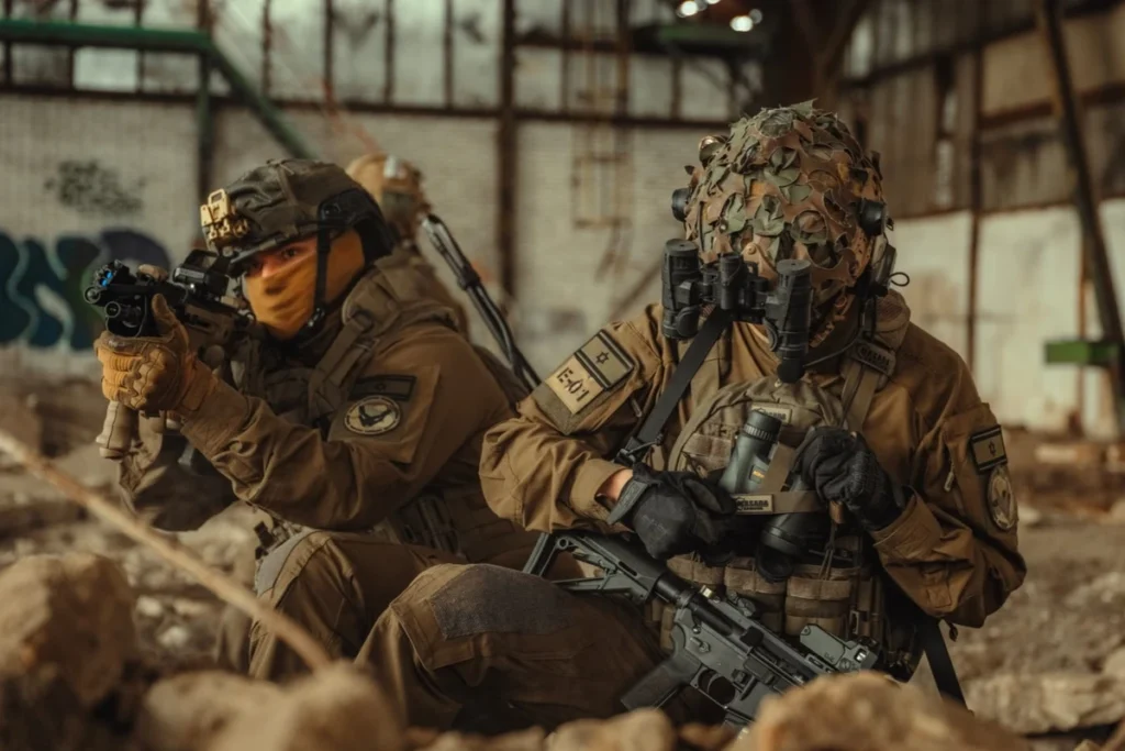 Two special forces operators in MOLLE tactical vests during an urban mission.