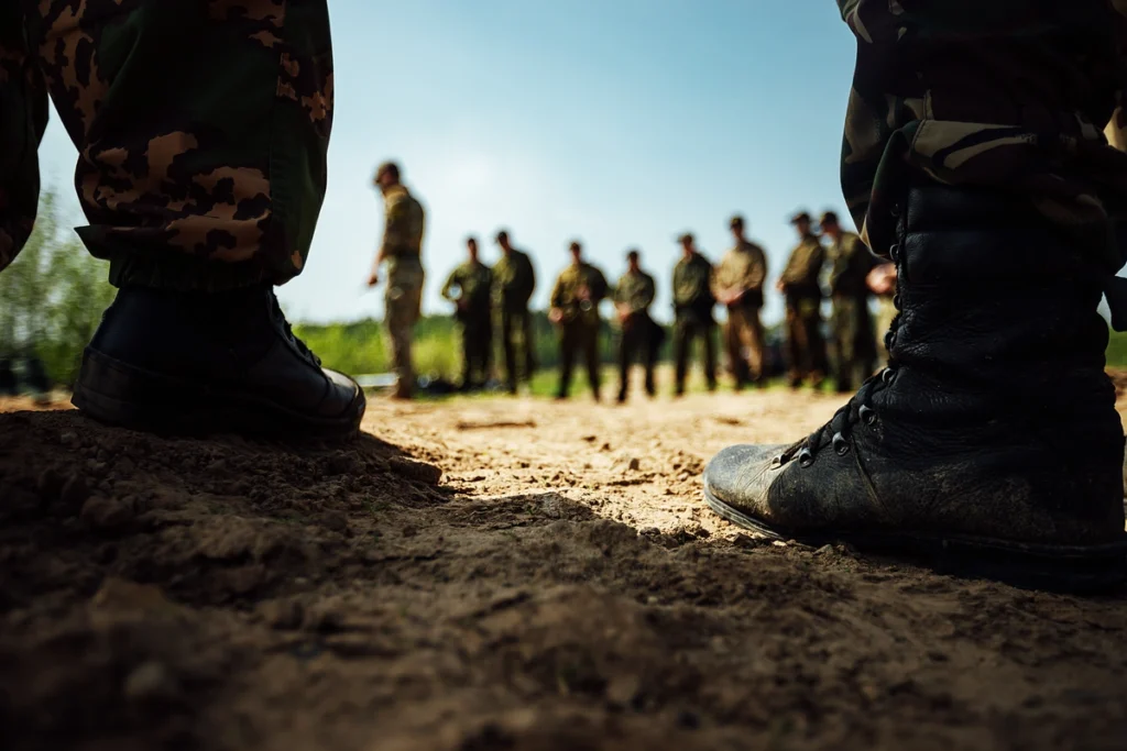 Close-up of military boots and uniforms during training, symbolizing Israeli military equipment