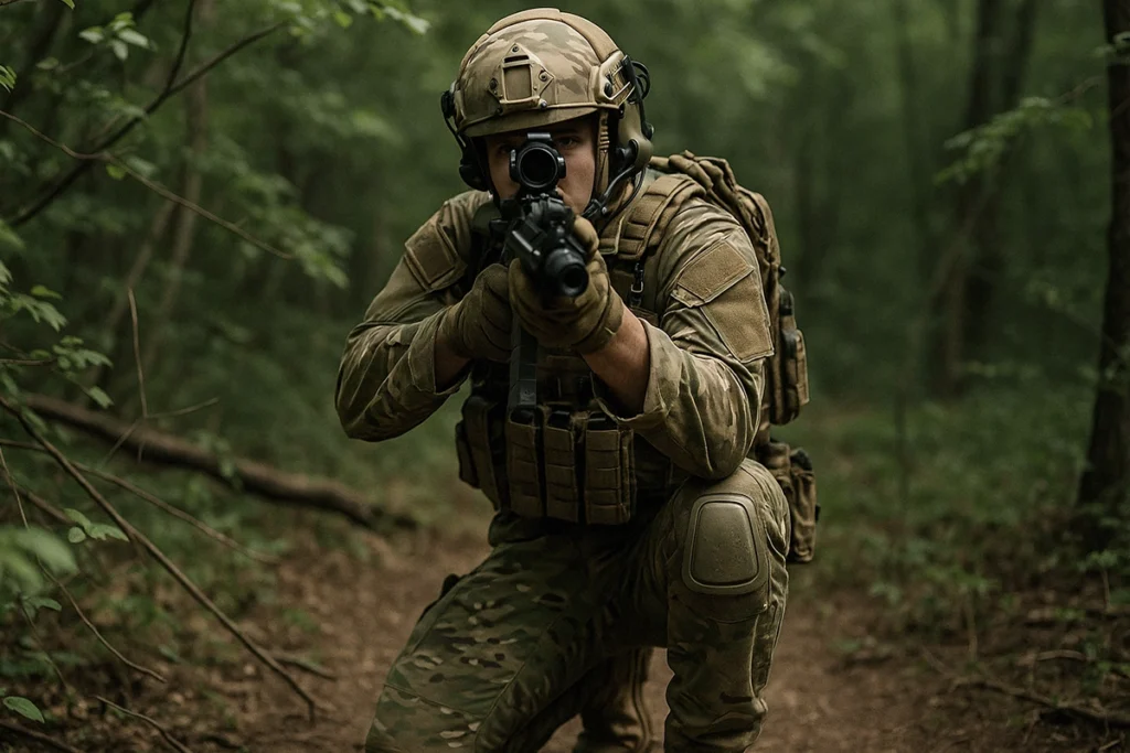 soldier aiming a weapon in the forest in full military gear
