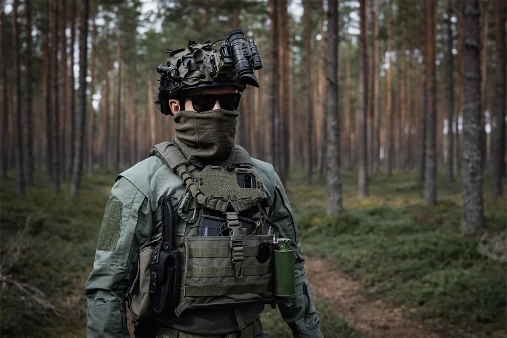 soldier in warfare equipment patrolling a forest area
