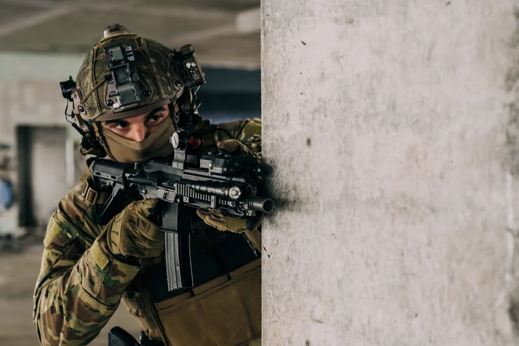 operator with full warfare equipment during an urban combat mission
