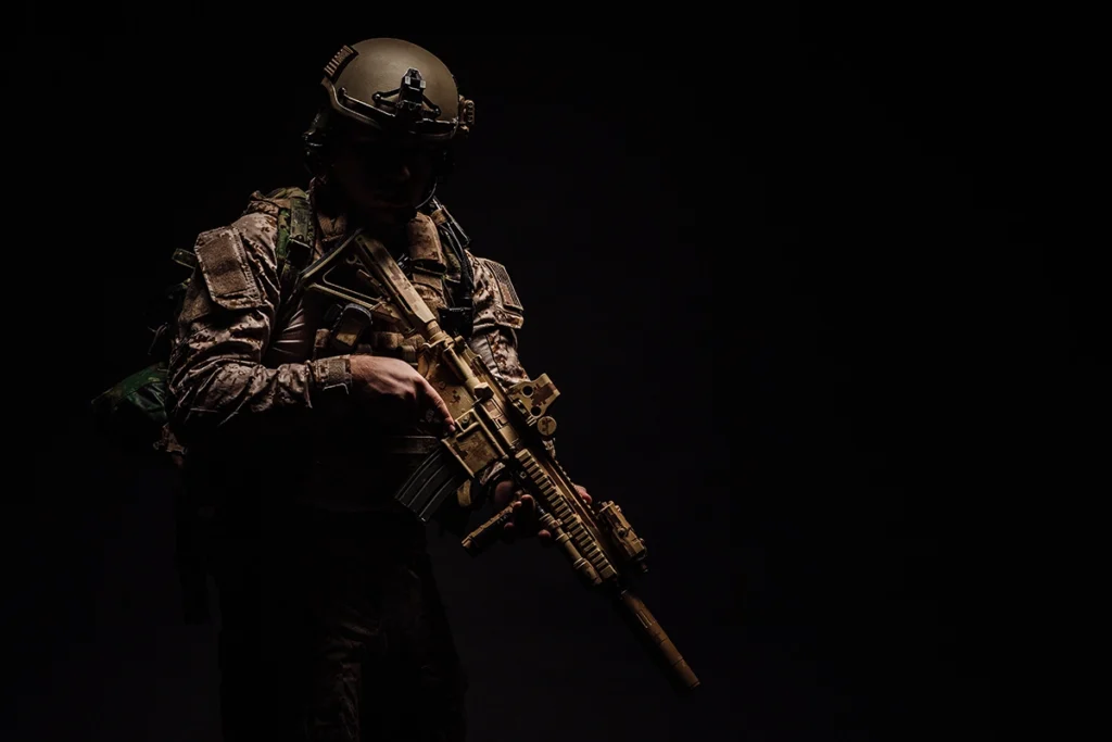 Soldier in full tactical gear, emphasizing the durability and quality of Made in EU equipment
