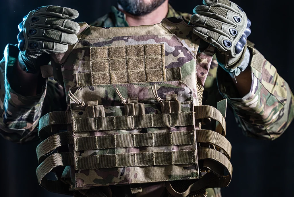 Operator w kamizelce taktycznej typu plate carrier, wykonanej z wytrzymałego materiału Cordura 500D