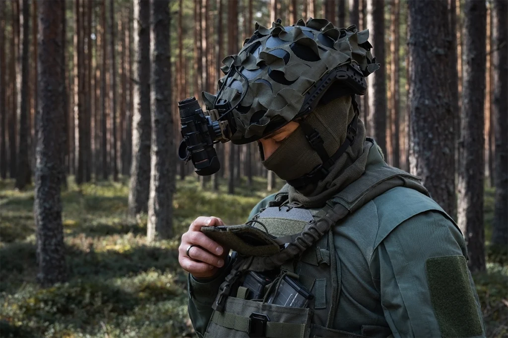 Operator w lesie korzystający ze swojego systemu taktycznego, sięgający do kieszeni na kamizelce