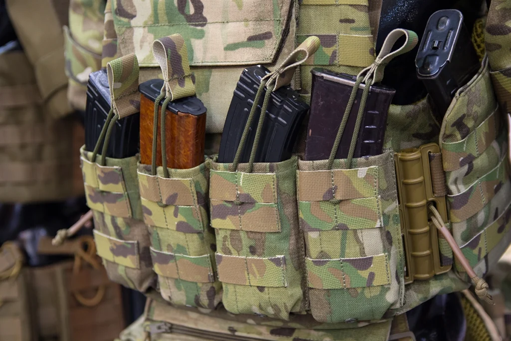 A tactical vest showing how to mount MOLLE to ensure magazine pouches are stable.