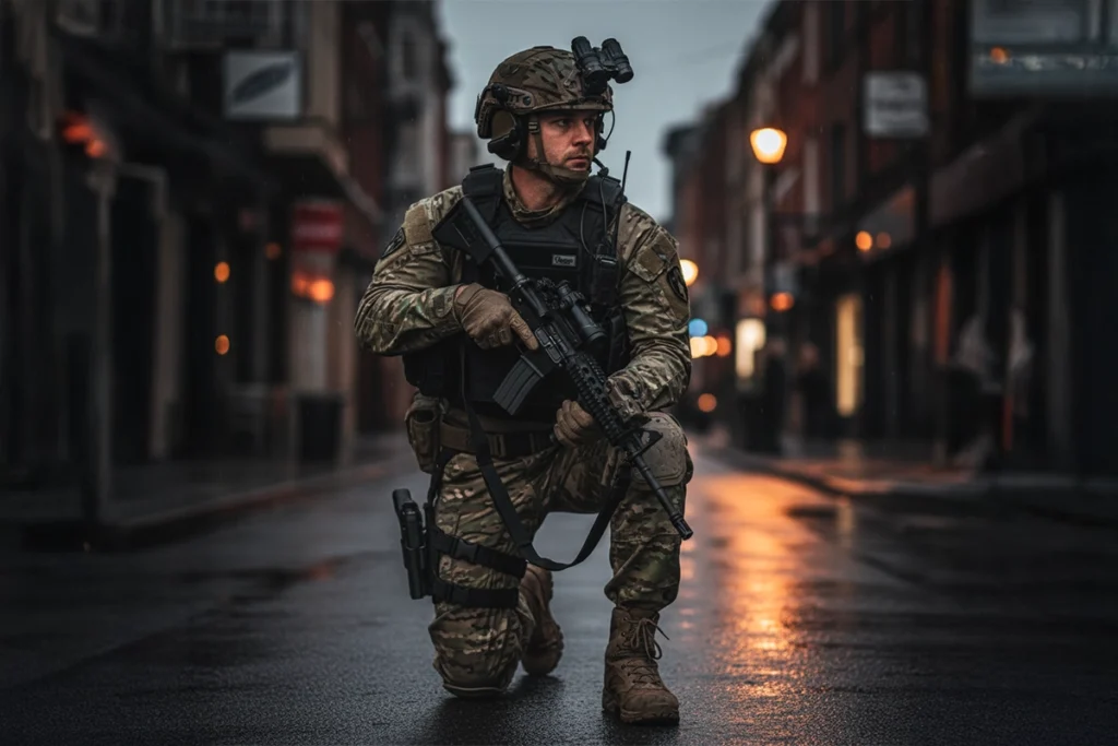 Żołnierz w kamizelce taktycznej - profesjonalny plate carrier poliester 600d.