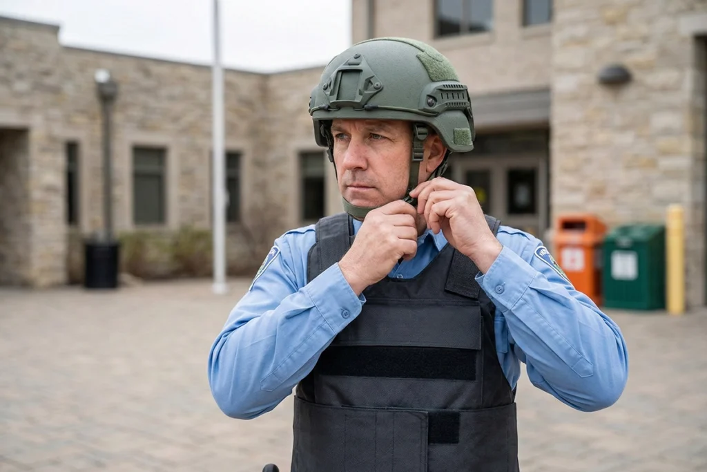 Pracownik miejski w niebieskiej koszuli zapinający hełm balistyczny, ubrany w kamizelki kuloodporne dla samorządów.