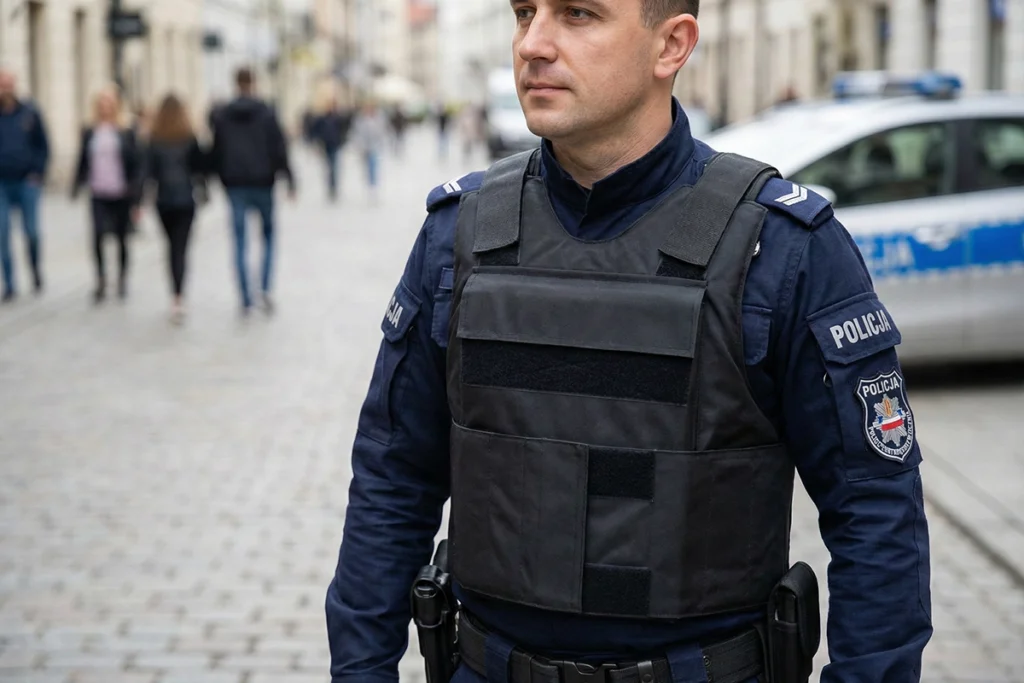 Police officer or uniformed official standing on a street equipped with bulletproof vests for local governments