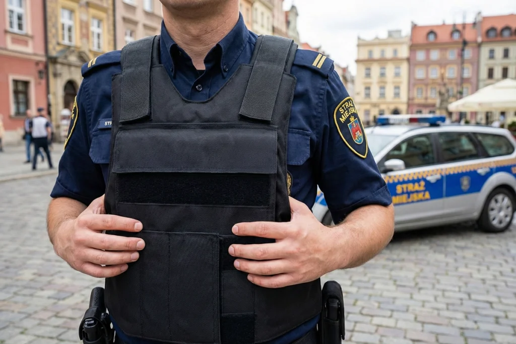 Funkcjonariusz Straży Miejskiej noszący kamizelki kuloodporne dla samorządów na tle radiowozu i starówki.