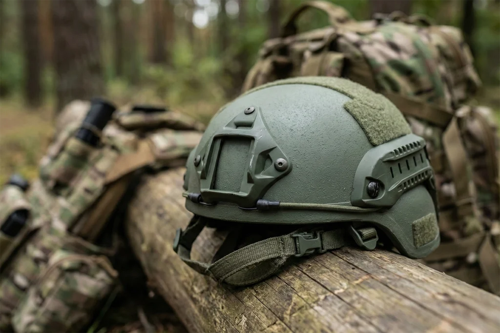 Green ballistic helmet lying on a log in a forest next to a backpack, complementing the set containing bulletproof vests for local governments