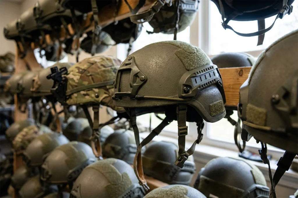 Warehouse with rows of ballistic helmets on shelves, prepared as an equipment reserve alongside bulletproof vests for local governments