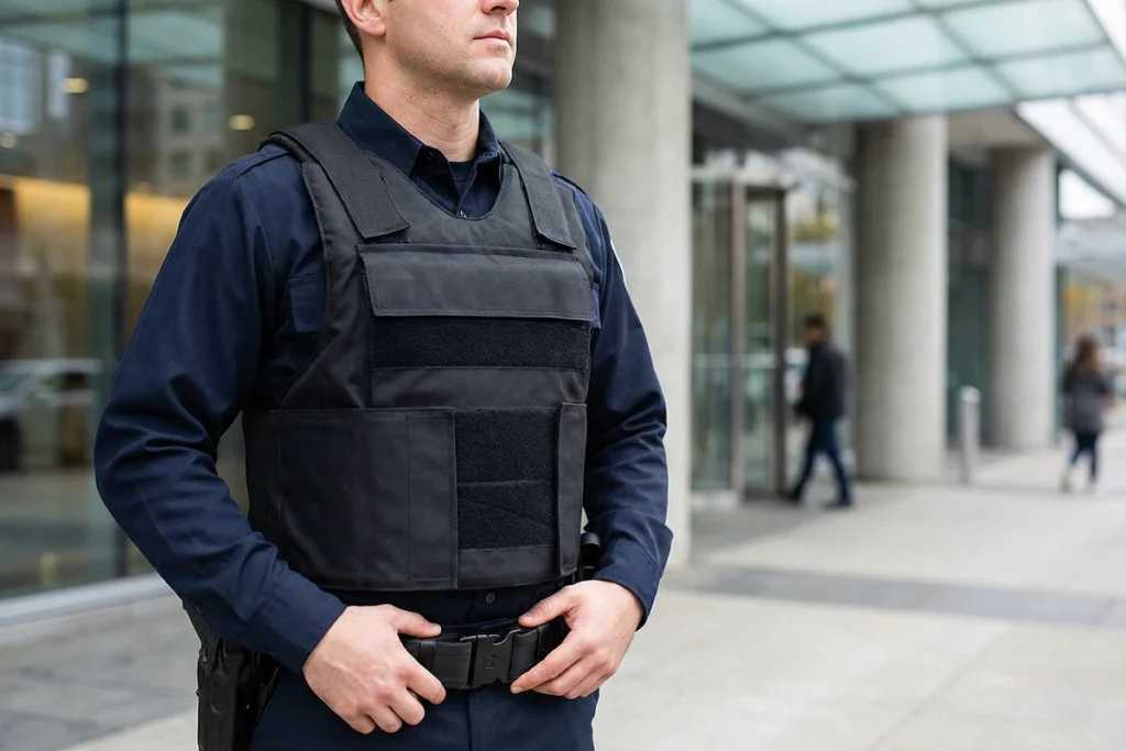 Security guard in uniform standing in front of a building, equipped with bulletproof vests for local governments