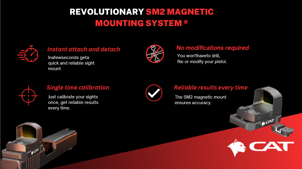 Revolutionary SM2 magnetic mounting system for CAT red dots without modifying the pistol.