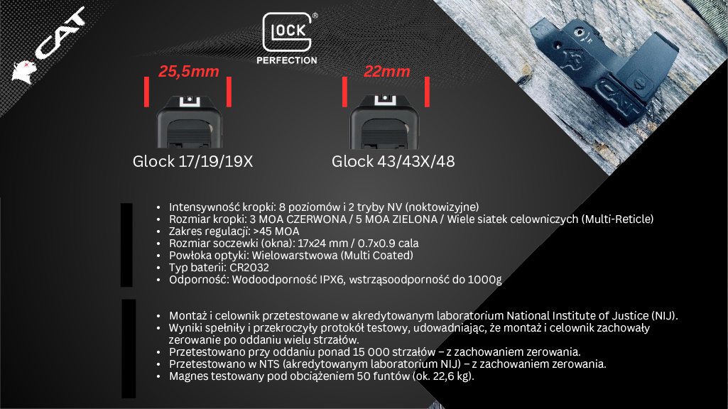 Specyfikacja techniczna i wyniki testów montażu magnetycznego CAT dla pistoletów Glock.
