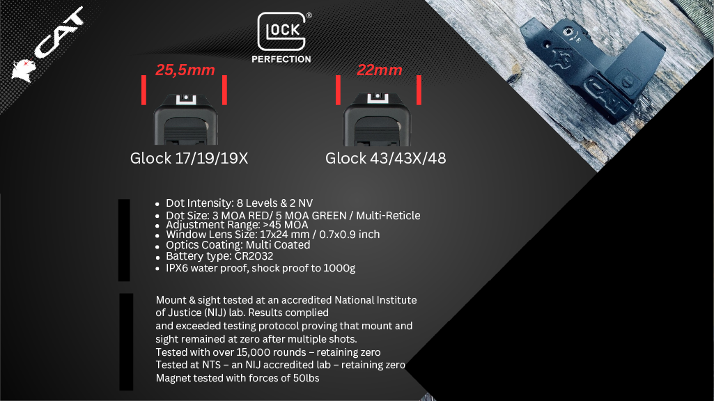 Technical specifications and test results of the CAT magnetic mount for Glock pistols.