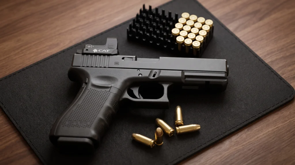 Pistolet Glock z zainstalowanym magnetycznym montażem kolimatora CAT na macie strzeleckiej z amunicją.